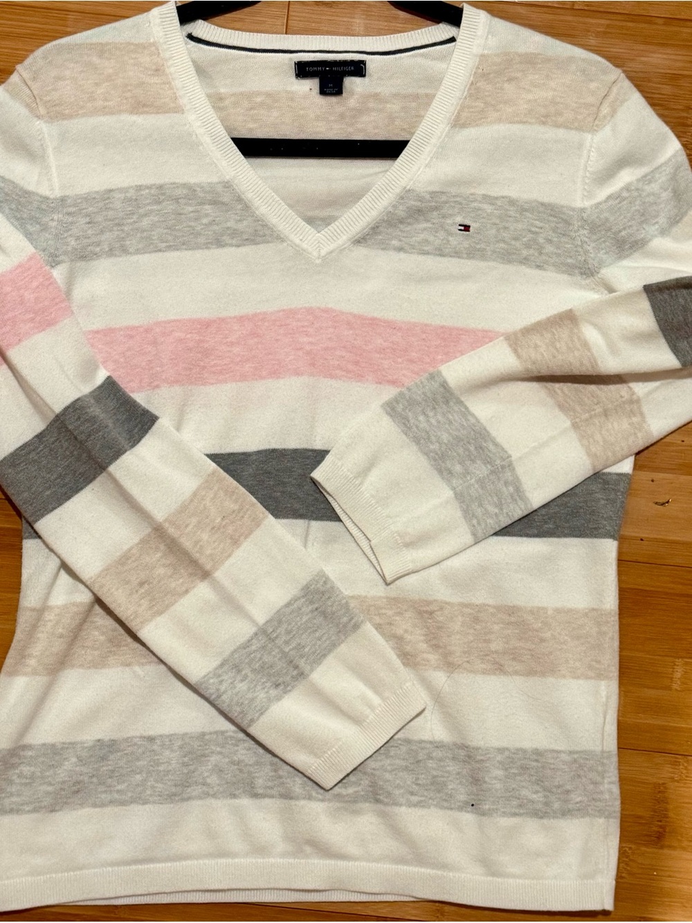 Tommy Hilfiger Americana Women’s Striped V-Neck Sweater - White Pink Gra